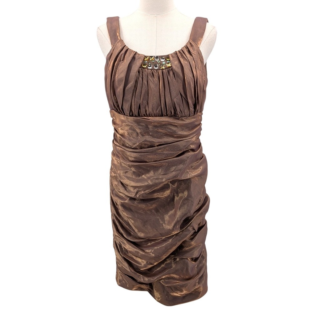 Jackie Jon Cocktail Dress Ruched Metallic Bronze Party Wedding Guest Size 10